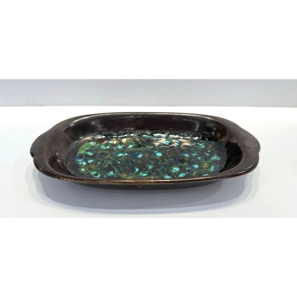 Mid Century Modern Green Brown Pottery Handmade Platter Glazed Retro 8